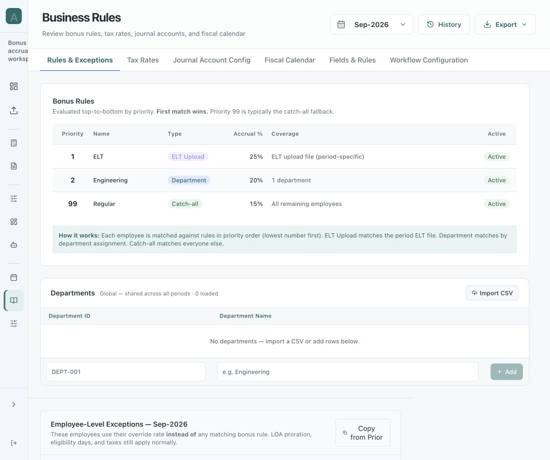 Bonus accrual rule configuration prototype
